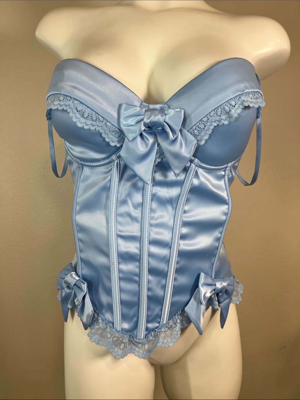 Windsor Sky Blue Satin Lace Bow Corset Bustier LARGE